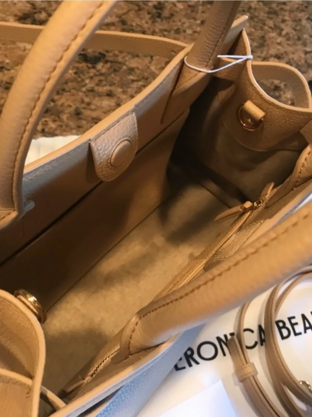 Veronica Beard Beige Pebbled Leather Satchel with Removable Strap